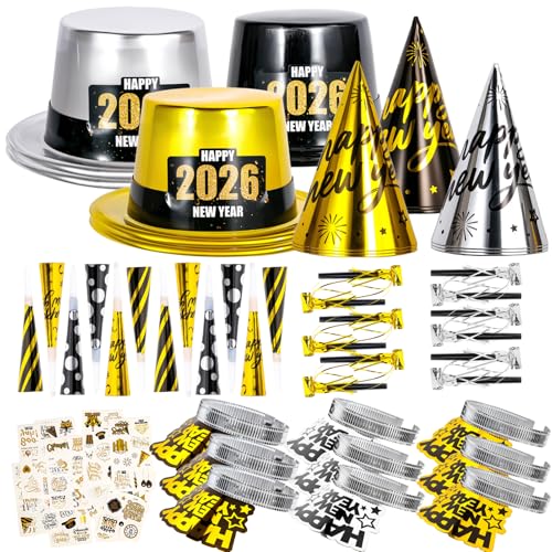 TOTSHOM 2026 New Years Eve Party Supplies 60 Pcs New Year Eve Party Hats and Horns Headband Tattoos Blowouts 2026 New Year Party Favors