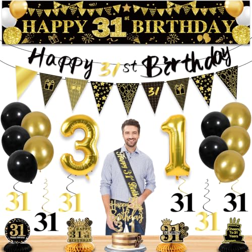 Image of 31st Birthday Decorations for Men, Black Gold 31st Party Decorations | 27pcs Happy 31st Birthdays Set: Banner, Honeycomb, Balloons, Gold Number, Candle, Hanging Swirls, Cake Topper, Party Supplies