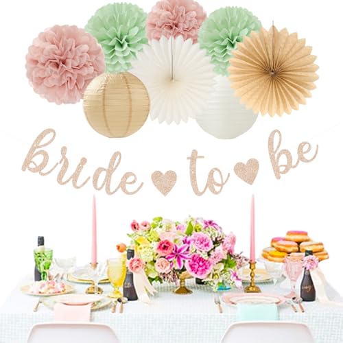 Image of Sage-Green Pink-Beige Bridal-Shower Party-Decorations - 36pcs Bride to Be Banner,Bachelorette Paper Lanterns,Neutral Wedding Streamers Garland,Boho Tissue Pom Poms Flower Fan Decor Supplies Burgleda