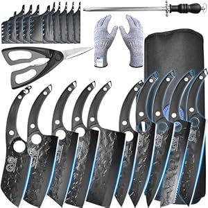 XYJ Professional Kitchen Knife Set with High-Carbon Steel Forged Blades, Chef’s Knife, Cleaver, Carving Knife, Nakiri, Full Tang Design, Includes Carrying Bag & Poultry Scissors