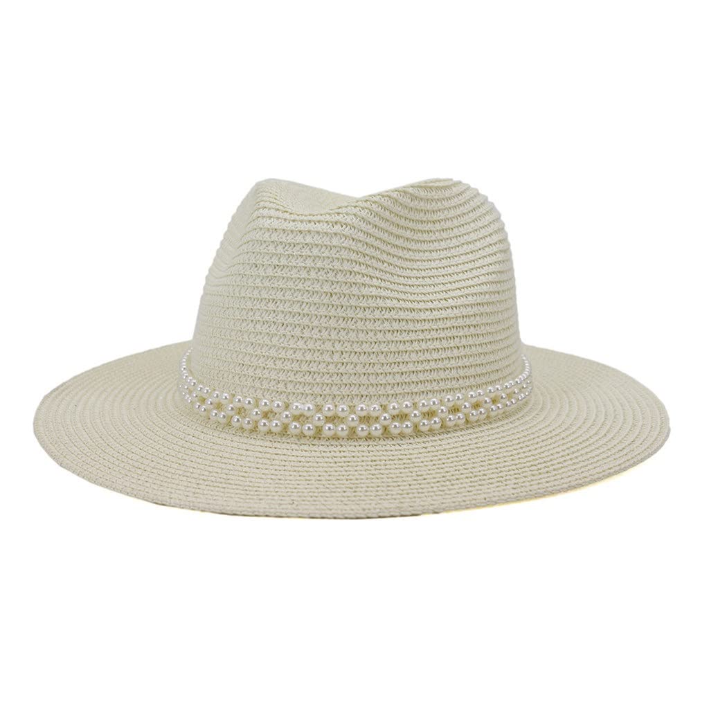 Sombrero Sombreros de Paja para el Sol para Mujer Sombrero Fedora de Perlas Rosadas Sombrero de ala Ancha para Mujer de Playa de Verano (Color: B, Tamaño: 56-58 cm) (