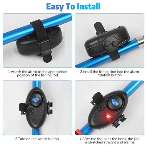4Pcs Fishing Bite Alarm Indicator With 10 Spare Batteries, Tsv Led Light Fishing Bite Alarms Bell, Electronic Adjustable Sound Volume Sensitive Sound Alert, Fishing Bell For Rods Daytime Night Outdoor #TOP4
