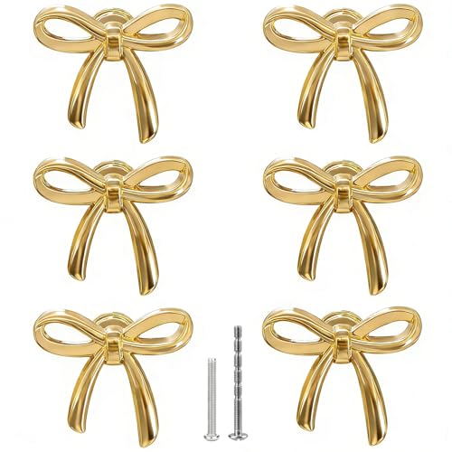 FKLOYP Gold Bow Cabinet Knobs(Set of 6) Brass Drawer Pulls Decorative Bow Dresser Handle Cute Cabinet Pulls for Nursery Girls Room & Vanity Bedroom Kitchen Cupboard Bathroom Hardware