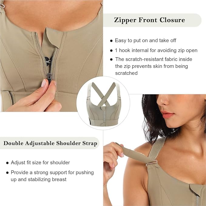 Image of PLUMBURY Women's Polyester Blend Padded Front Zip Plus Size Full Coverage High Support Velcro Adjustable Sports Bra For Workout Gym