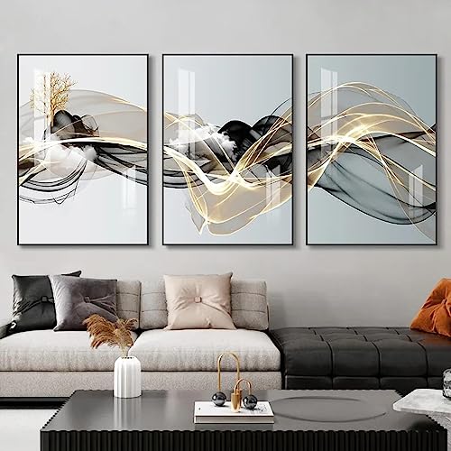 Peinture sur toile décoration murale moderne triptyque abstrait ruban doré 40x60cm