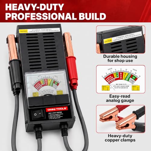 Image of Professional 100 Amp Battery Load Tester, 6V 12V Automotive Charging System Analyzer with Easy-Read Gauge, Copper Jaw Clamps for Car, Motorcycle, Marine Batteries T100A