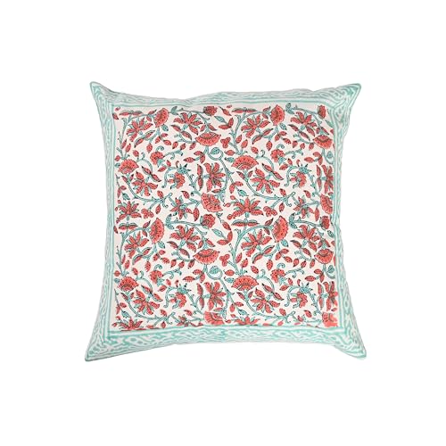Image of Cotton Cushion Covers 16x16 Inch - Hand Block Floral Print Pillow Covers for Sofa, Couch & Bedroom (Pack of 5) (Light Green)