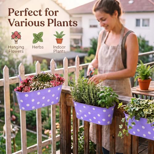 Image of TrustBasket Dotted Oval Railing Planters Basket - Purple (Set of 5) | Heavy-Duty UV Stabilized Metal Flower Pots for Railings, Fence & Balcony, Indoor Outdoor Herb, Flower & Decorative Plants