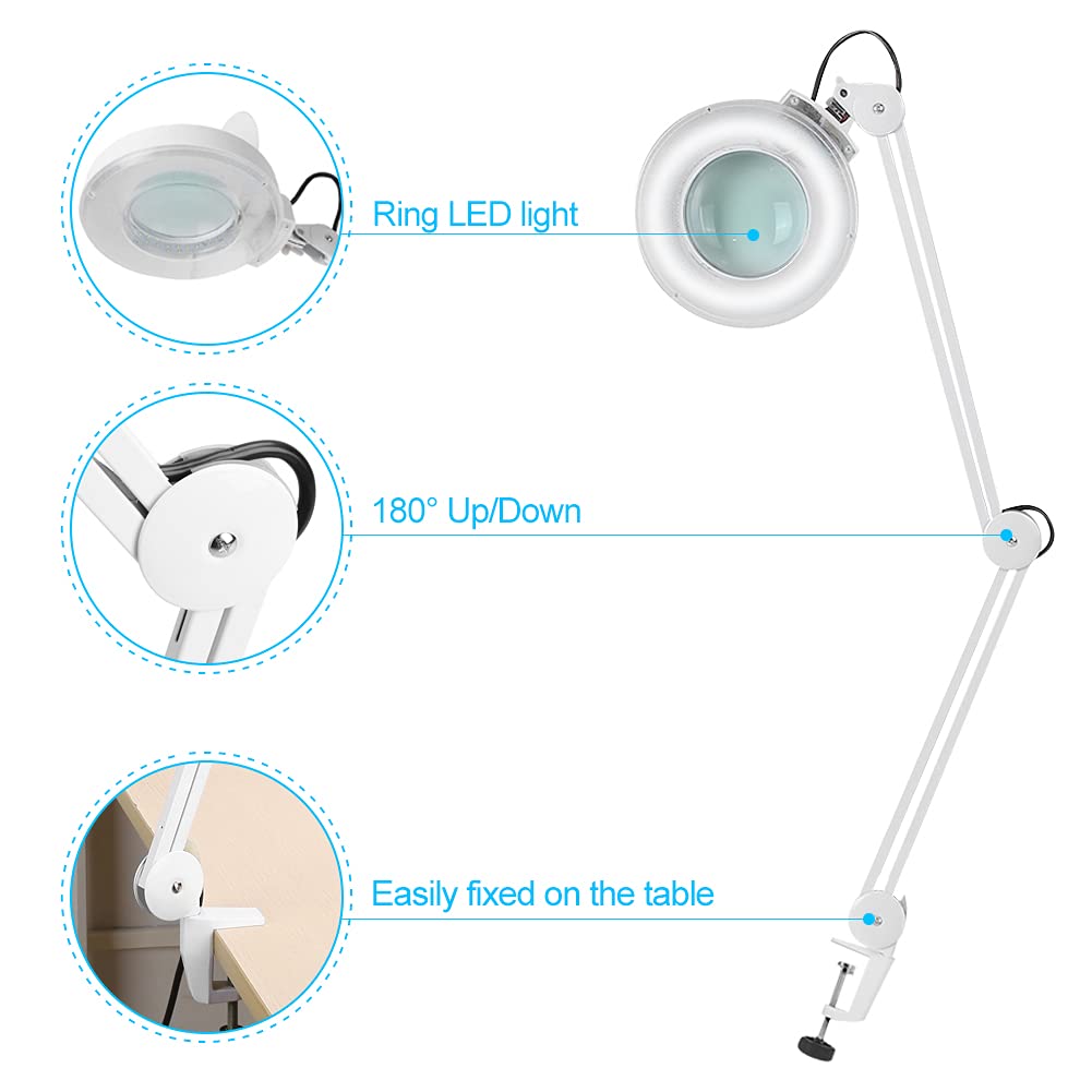 8X Kaltlicht Lupenleuchte Arbeitsplatzlampe Kosmetiklampe Tisch-Lupenlampe Arbeitsleuchte Lupe Vergrösserungslampe Kosmetik 8 Dioptrien Lupe mit Licht mit Klemme Lupenleuchte