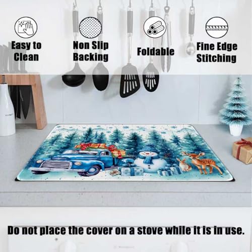 Image of Snowman Stove Top Cover for Electric Stove, Christmas Range Covers, Blue Truck Range Top Mats, Glass Cooktop Covers 28x20 inch, Winter Forest Cooktop Cover for Kitchen Winter Holiday Home Decor