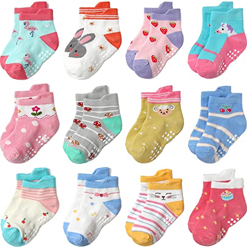Image of Aroveea Toddler Socks Non Slip Grip Cute Cotton Baby Socks 12 Pack for Toddler Boys Girls Kids
