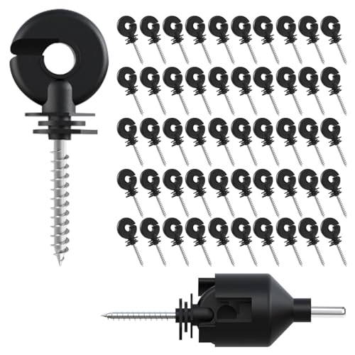 50-Pack UV-Resistant Screw-in Electric Fence Ring Insulators for Wood Posts Heavy Duty for Animal Livestock Includes Free Installation Socket Tool (Black)