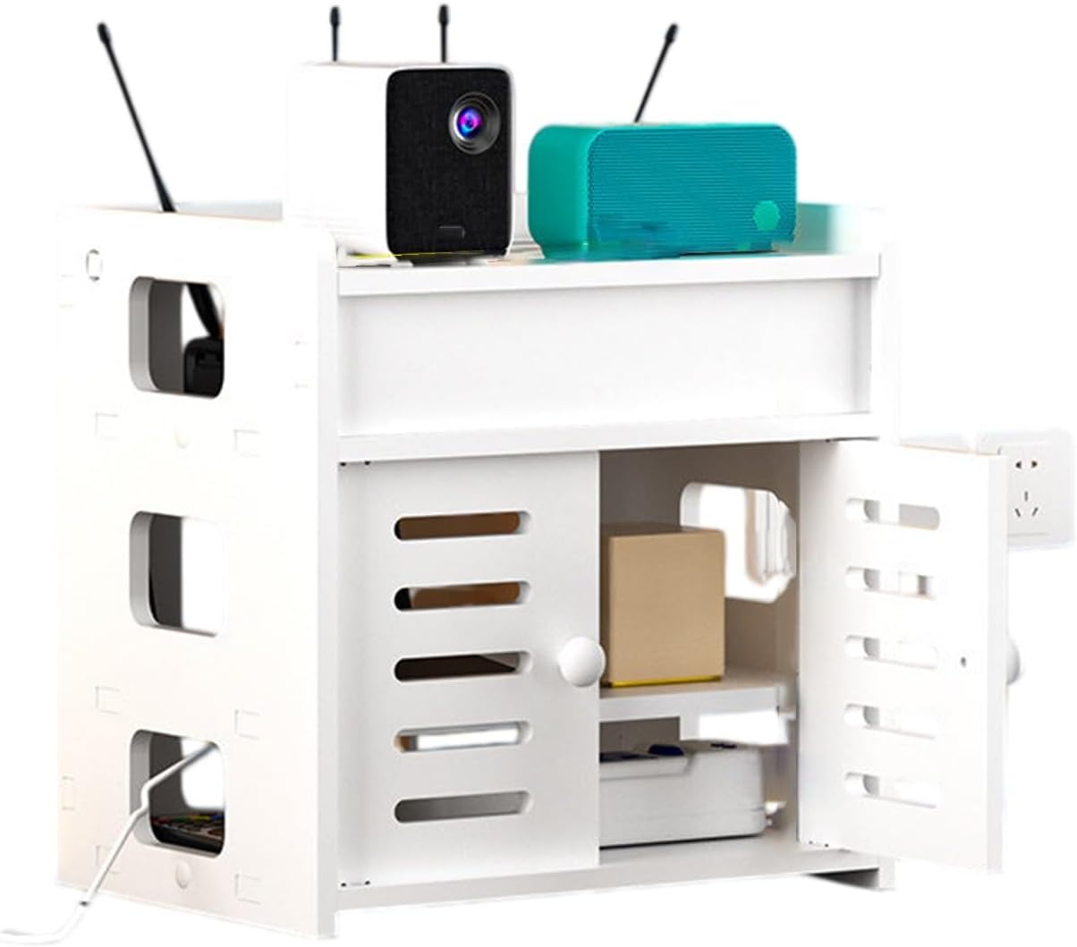 Desktop Router Storage Box, Power Strip Cable Management Hider Organizer, Floor Standing Decorative Box, Strong Legs,for Office and Home(White,11.8 * 8.7 * 11.8in)