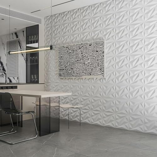 Image of Kayra Decor 3D PVC Wall Panels - Diamond Design, White Color 19.7 inch x 19.7 inch (Pack of 3) - Covers 8.07 Sq. Ft.
