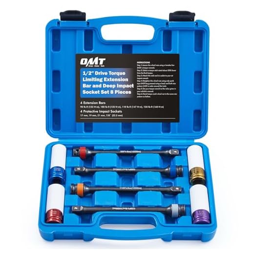 OMT 8pc 1/2" Drive Torque Limiting Extension Bar and Deep Impact Socket Set, Torque Extension Tool Set with 90-120 ft-lb Torque Sticks, Impact Torque Limiter Set with 17 19 21mm 7/8" Sockets