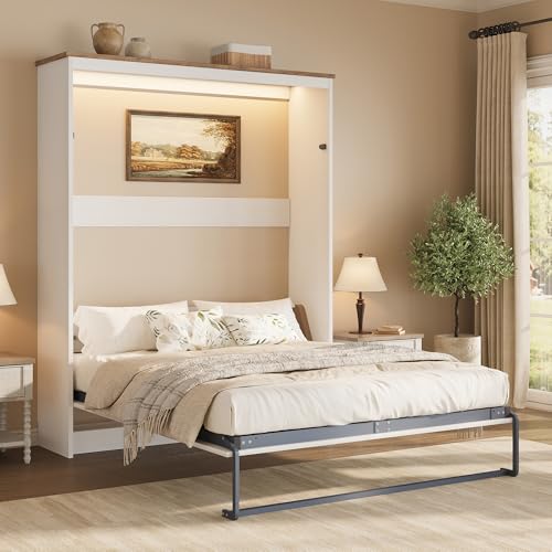 AMERLIFE Queen Size Murphy Bed with LED Light Farmhouse Foldable Wall Bed with Charging Station & Gas Struts Space-Saving Hidden Bedframe for Guest Room Bedroom & Home Office White