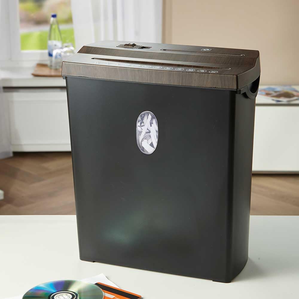 EUROtops Multifunktions-Aktenvernichter in Holz-Optik, 11 l Auffangbehälter | Shredder für Papier, Kreditkarten, CDs und DVDs, 230 W, kompakt, Datenschutz für Zuhause und Büro, Papierschredder