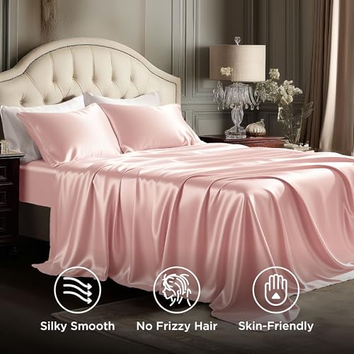 Image of Bedsure Pink Satin Sheets Queen Size, Soft Silky Bedsheets for Hair & Skin