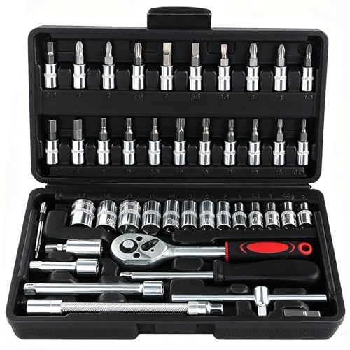 WiMas 46PCS Juego de Llaves de Vaso, Juego de Llaves de Carraca, Juego de Llaves de Carraca, Puntas de Destornillador Herramientas de Reparación para Automoción 1/4 pulgada (Negro)