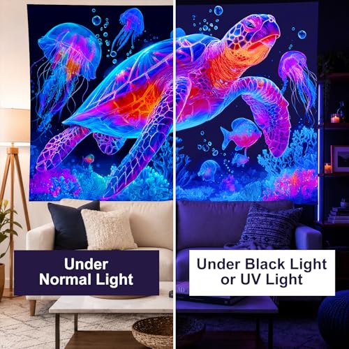 Image of BlissYard Neon Turtle Ocean Black Light Tapestry UV Reactive Psychedelic Sea Life Wall Hanging for Living Room Bedroom Dorm Room Bar Party Decor 78x59 Inch