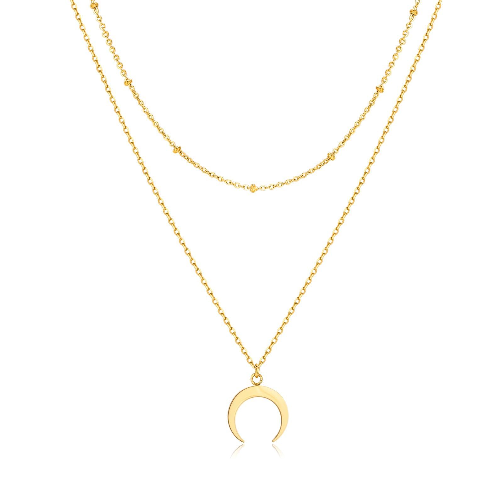MARLION JEWELS Collar de Acero Inoxidable 316L Doble Cadena Fina con Bolitas y Media Luna. Ajustable. Colgante de Acero Quirúrgico con Baño en Plata u Oro 18K. Perfecto Regalo Cumpleaños. Joyas para mujer.