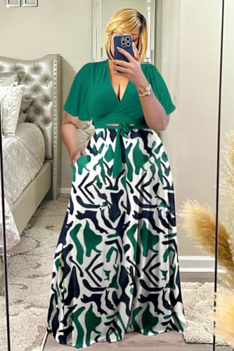 Image of Plus Size Women's 2 Piece Outfits Casual Short Ruffle Sleeve Wrap Crop Top Maxi Long Dress Flowy Matching Sets