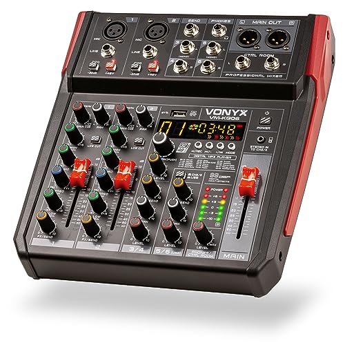 Vonyx VM-KG06 Console de Mixage 6 Canaux - Avec Bluetooth, Lecteur MP3, Interface Audio USB, Processeur de Son, Alimentation Fantôme, Écran LED, Idéal pour...