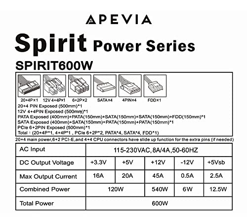 Image of Apevia SPIRIT600W Spirit 600W ATX Power Supply with Auto-Thermally Controlled 120mm Fan, 115 /230V Switch, All Protections