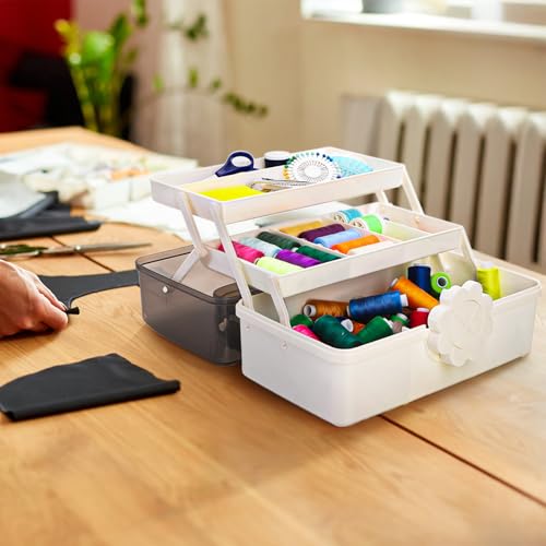 Image of ZOOFOX Three-Layer Plastic Dividing Storage Box, Folding Tool Box Organizer with 2 Trays, Multipurpose Home Utility Case for Medicine, Sewing, Hair Accessories and Cosmetic