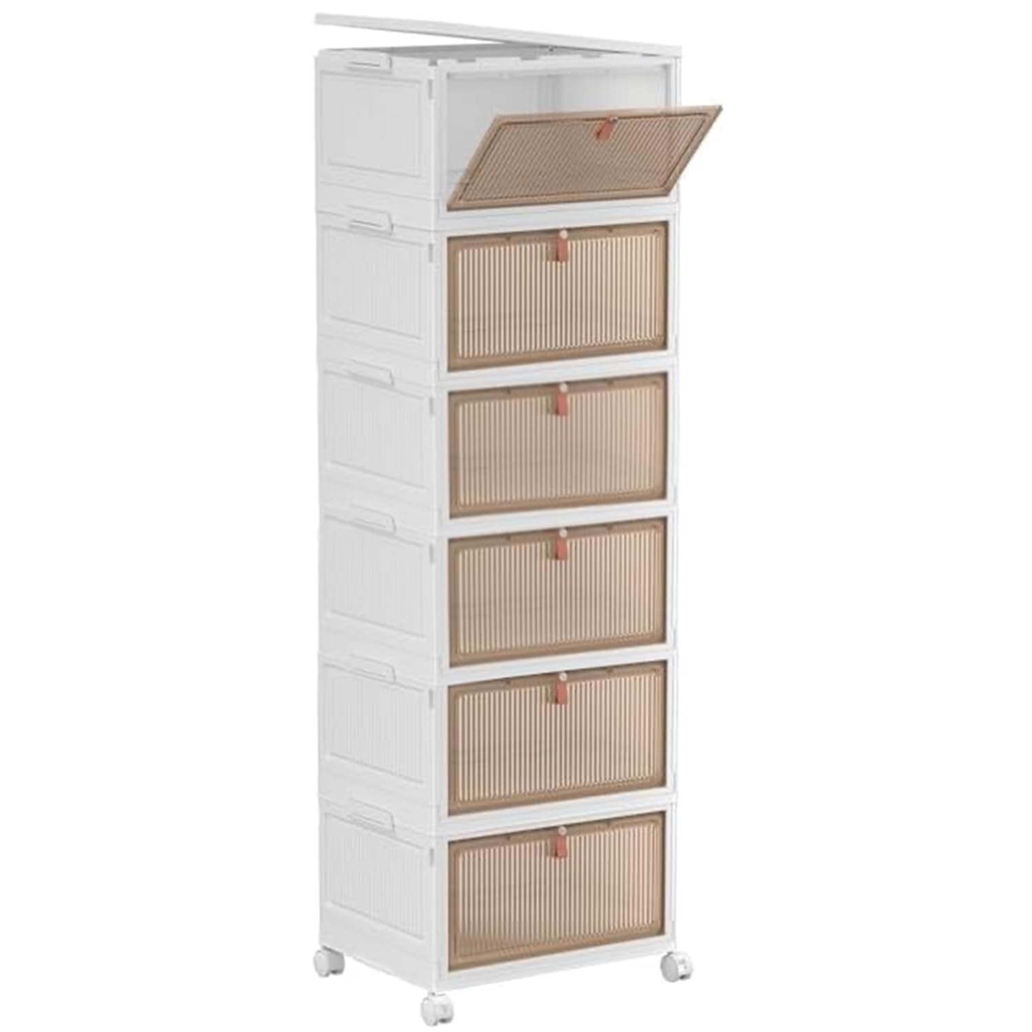 Bacs de rangement pliables avec couvercle, roulettes et porte magnétique, organiseur ABS empilable et pliable pour cuisine, vestiaire, salon et bureau (6 niveaux)