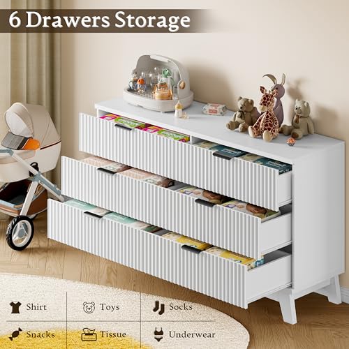 Image of BORNOON 53 inch Long Dresser for Bedroom, 6-Drawer Dresser with Fluted Fronts, Wide Wood Chest of Drawers, Smooth Metal Slides, Stable Base, Modern Clothes Storage Cabinet for Living Room, Hallway