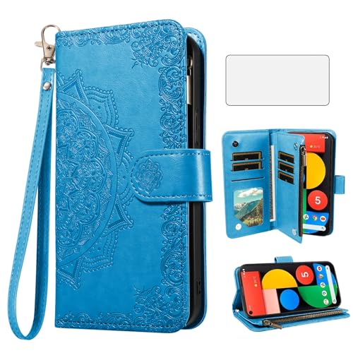 Coque Google Pixel 5 Asuwish avec porte-cartes et verre trempé bleu