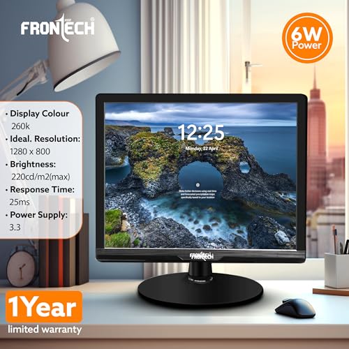 Image of FRONTECH 15.4 Inch HD LED Monitor | Refresh Rate 60 Hz,1280 x 800 Pixels | Wall Mountable, Slim Stylish Design with 16.7M Colors | VGA Ports, Built-in Power Supply (MON-0002,Black)