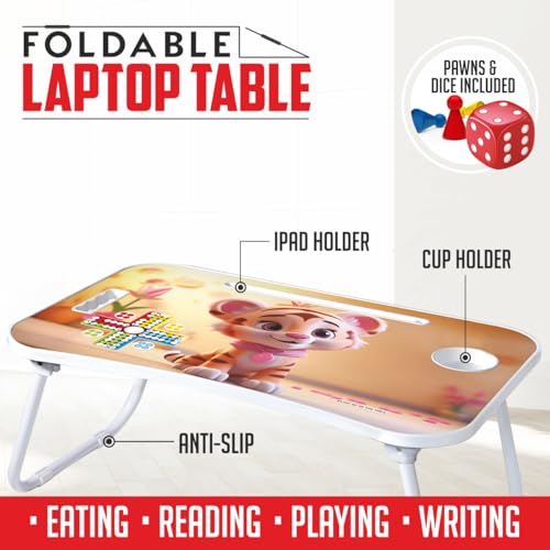 Image of Amazon Brand - Jam & Honey Foldable Laptop Table for Kids 4+ Years, Portable Study Bed Desk with Cup Holder, Tablet Stand & Ludo Game, Cute Lion Design, BIS Certified Child Safe