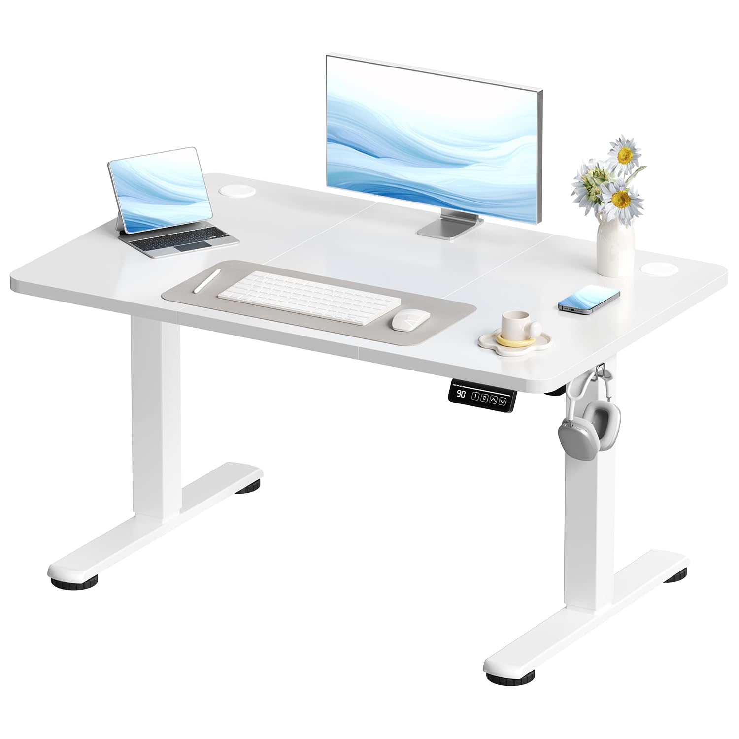 Devoko Electric Standing Desk 110x60cm Sit Stand Table Height Adjustable Desk with Backpack Hook and Memory Smart Panel, Home Office Desk with Splice Board, White