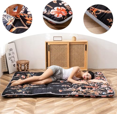 Image of MAXYOYO Japanese Futon Mattress Floor Mattress Sleeping Pad Foldable Mat Roll Up Camping Cushion Floor Lounger Couches and Sofas Couch Topper, Black Floral, Full Size