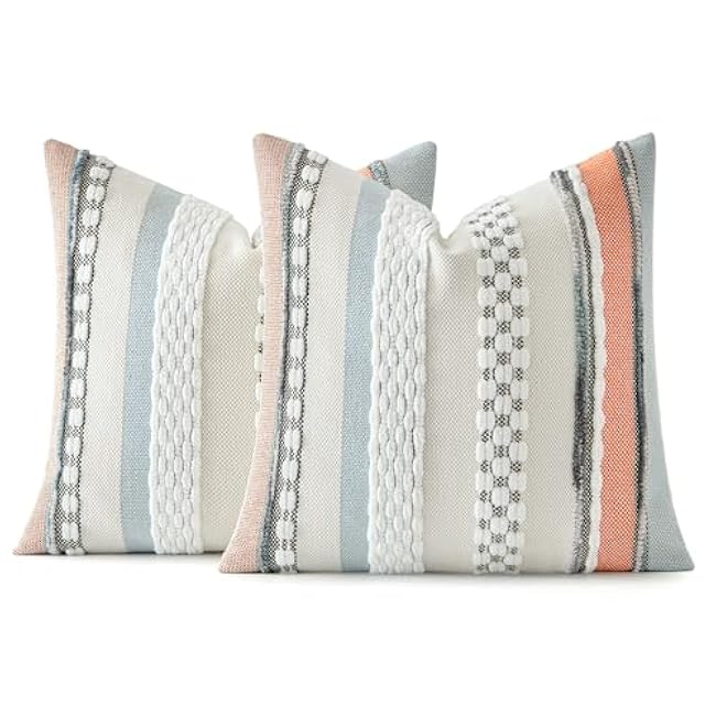 Woaboy Blue-Orange Boho Throw Pillow Covers Set of 2 18x18 Inch Farmhouse Decorative Cushion Cases Multicolor Striped Chenille Pillow Covers Accent Pillowcase for Sofa Couch Bed