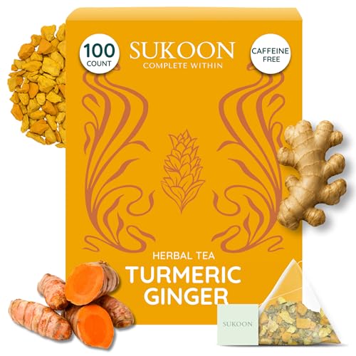 Image of Sukoon, Organic Turmeric Ginger Tea - 100 Teabags (2g Each) - No Caffeine, No Sugar - 100% Natural Turmeric Tea Bags - Te de curcuma - Sourced From Himalayas