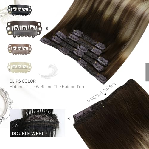 Moresoo Clip in Hair Extensions Real Human Hair Brown Balayage Light Brown and Medium Blonde Clip in Human Hair Extensions Remy Hair Ombre Short Bob Hair 12 Inch 5pcs/80g #3/8/22 - Image 4