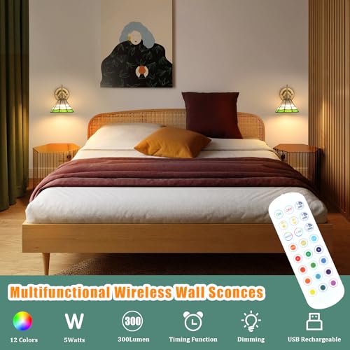 Image of Shenmoyl Vintage Battery Operated Wall Sconce with Remote, RGB LED Wall Lamp 12 Colors Dimmable, Brass Wall Lights Fixture for Bedroom Bathroom Living Room Hallway Green Multilayer Petal