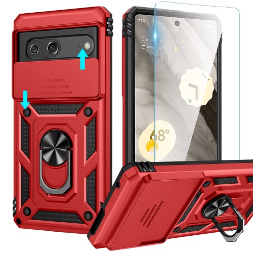 Goton For Google Pixel 7 Case With Screen Protector - Slide Camera Cover Phone Case With Ring Stand, Heavy Duty Military Grade Shockproof Rugged Bumper For Pixel 7 Accessories Red #TOP15