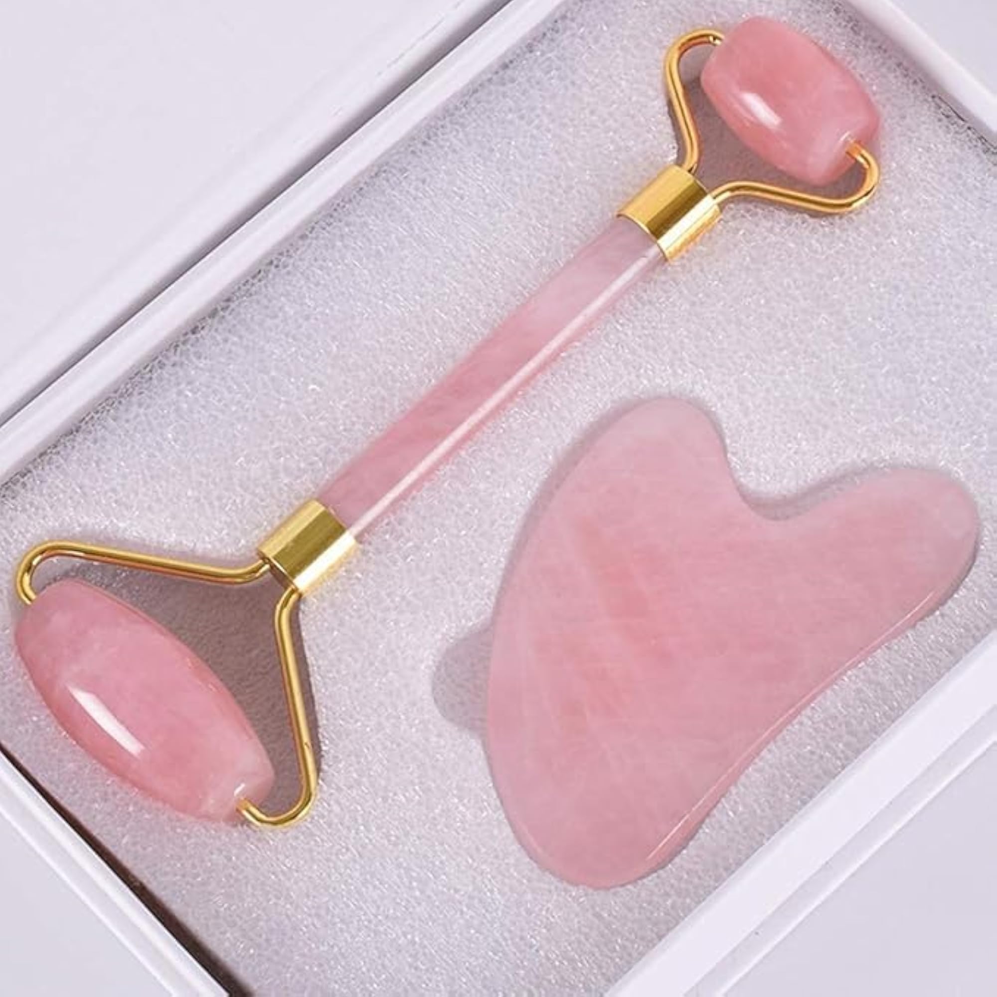 Rose Quartz Facial Roller and Gua Sha Set, 2 Piece Skincare Kit