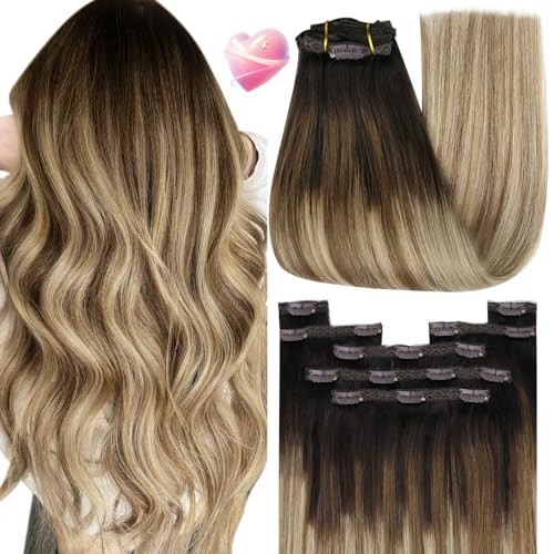 Image of YoungSee Balayage Clip in Hair Extensions Short Straight Hair Clip in Extensions Darkest Brown Roots to Medium Brown with Blonde Balayage Real Human Hair Extensions Clip ins for Women 12 Inch 85G 7Pcs