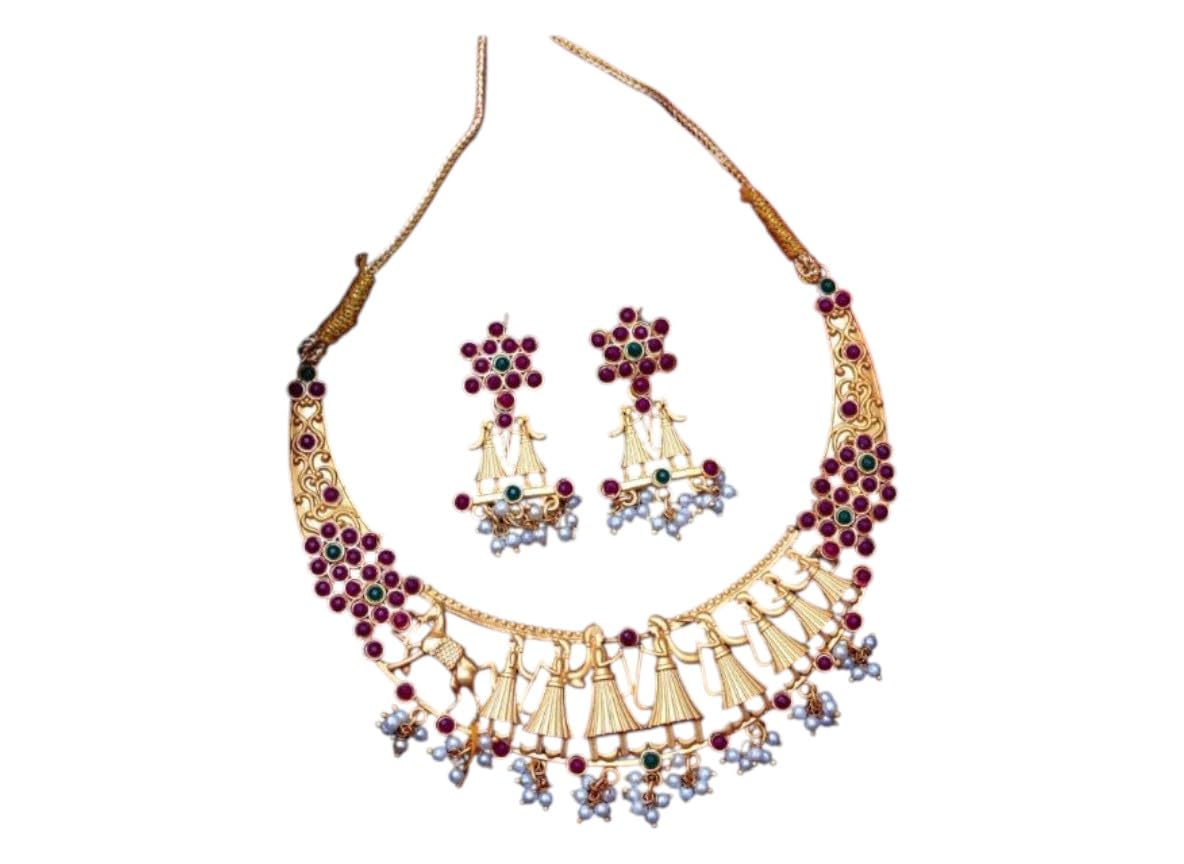Ethnic Golden Plated Temple Choker Set with Earrings | Traditional Necklace for Festivals, Diwali & Puja | Matte Finish Jewelry with Ruby Green Stones