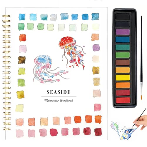 Watercolor Workbook for Beginners - Complete Watercolor Painting Kit with 12 Color Paint Set & Brush | Step-by-Step Art Book for Adults Hobby Gift for Friends.