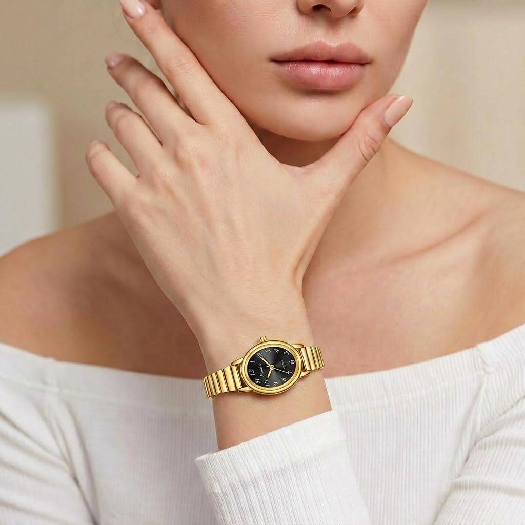 FANMIS Piccolo orologio da donna in oro facile da leggere, quadrante ovale analogico con cinturino di espansione in acciaio inossidabile, orologio da polso al quarzo da donna resistente all'acqua