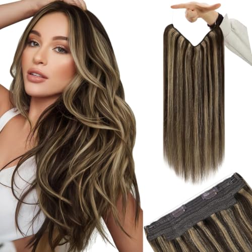 Image of YoungSee 135G Brown Wire Hair Extensions Real Human Hair Highlight 20inch Hair Extensions Invisible Wire Dark Brown Highlights Blonde Dyable Fish Line Human Hair