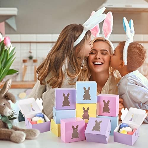 Whaline 24Pcs Easter Treat Boxes 4 Candy Colors Cardboard Box with Rabbit Bunny Shape Window Pink Blue Yellow Purple Spring Holiday Paper Gift Container for Cookie Goodie Candy Sweet Party Favors