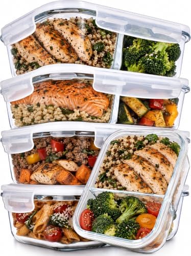 Prep Naturals 5 Pack 36oz Glass Meal Prep Containers - 2 Compartm...