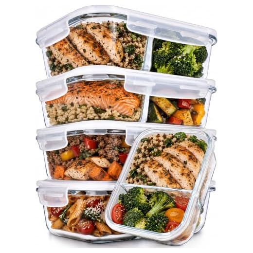 Glass Meal Prep Containers 2 Compartment Meal Prep Containers Glass (36 Ounce, 5 Pack) - Glass Food Prep Containers Glass Divided Lunch Containers Glass Lunch Containers with Lids Glass Containers